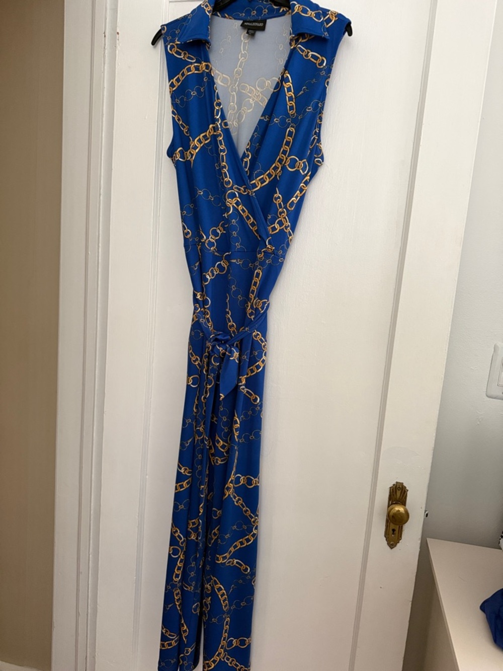 Nina Leonard Royal Blue Sleeveless Wide-Leg Jumpsuit with Gold Chain Print